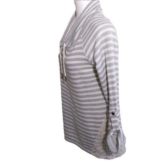 French Laundry Gray White Stripe Terry Longline Drawstring Neck Longsleeve top M - Picture 8 of 16